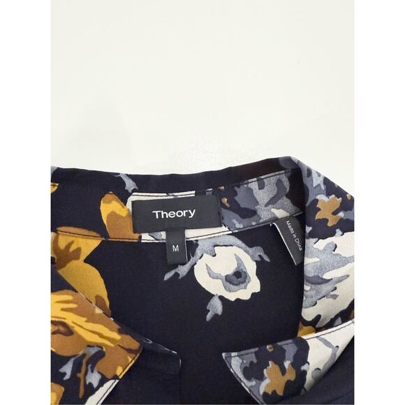 Theory Womens Navy Gold Sunaya Floral Silk Long Sleeve Button Up Blouse Medium - Picture 5 of 6